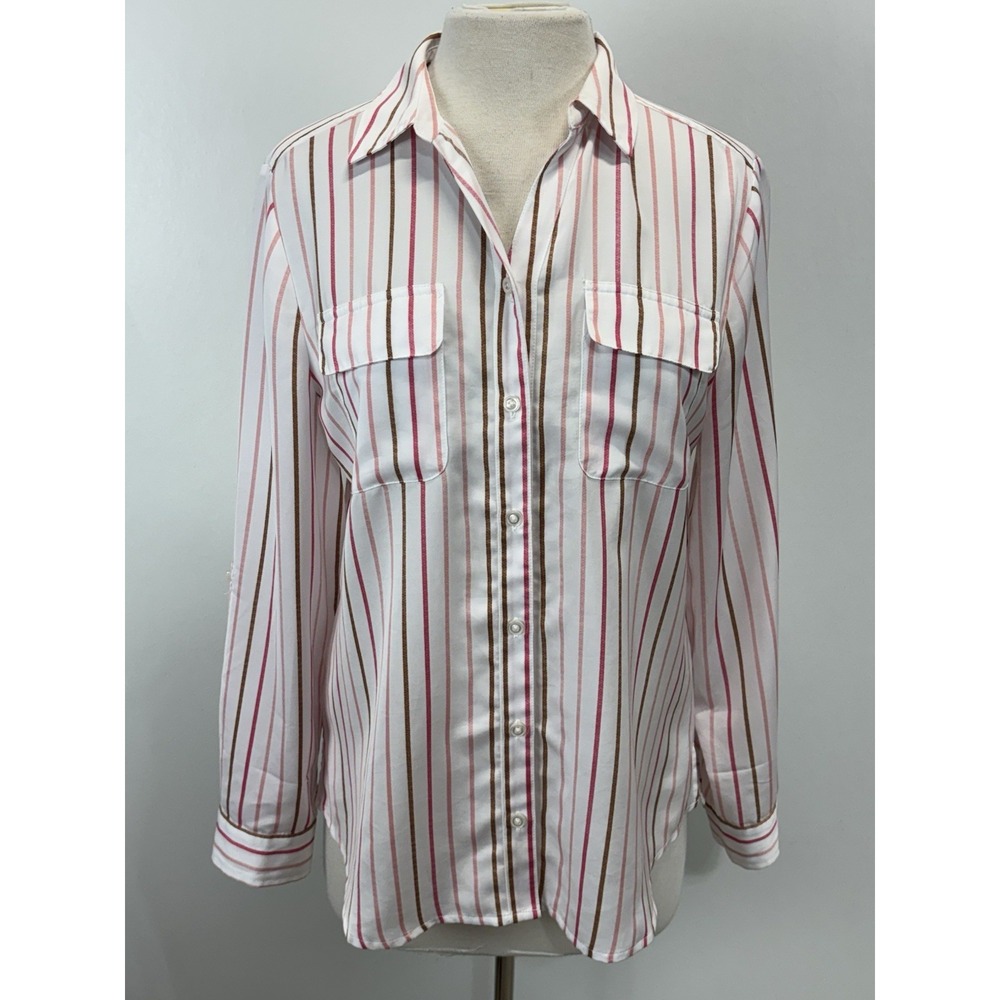 Chicos Striped Button Up Shirt Sz 1 US Medium White Pink 2 Pocket Lightweight